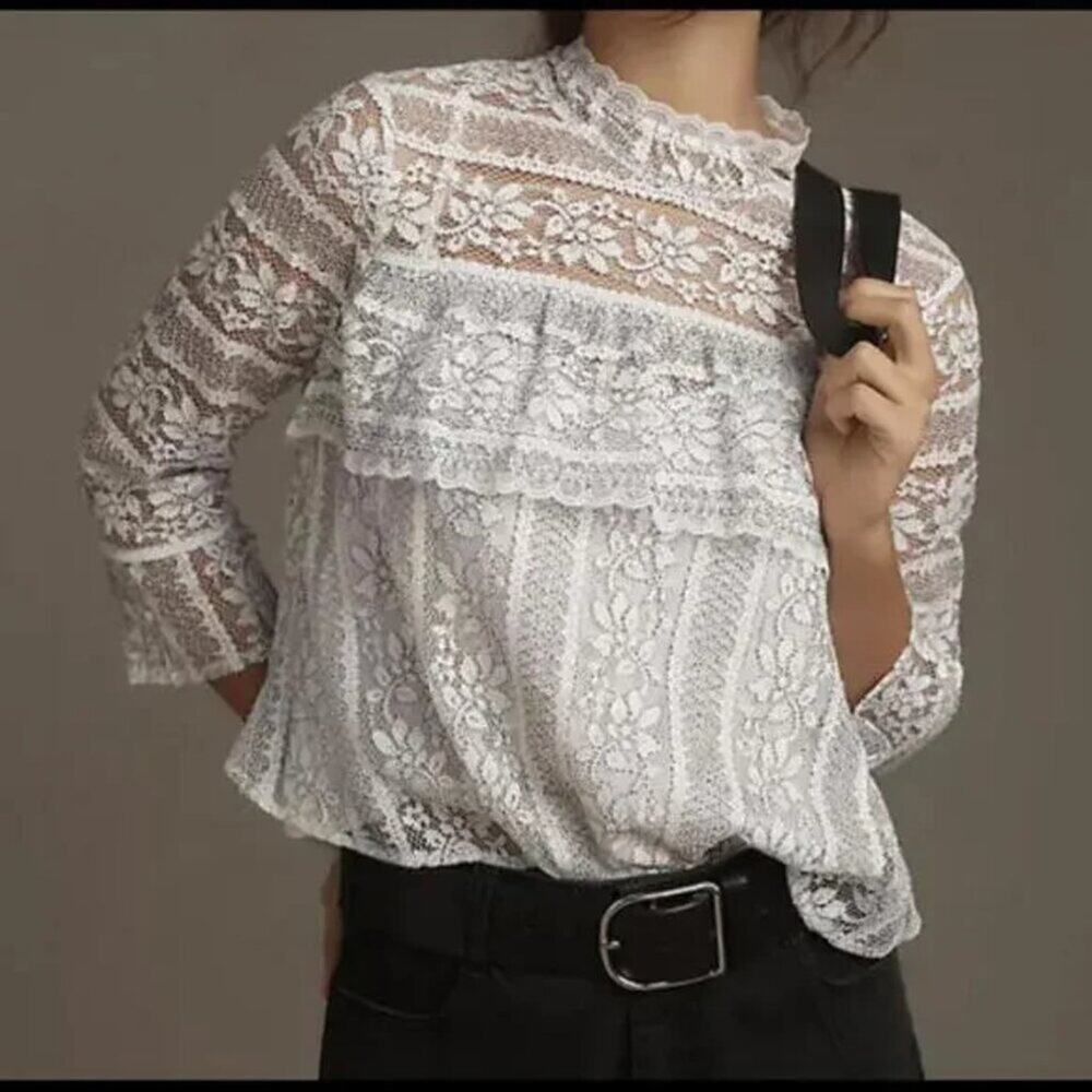 Anthropologie White & Black Lace Long Sleeve Blouse – Size S